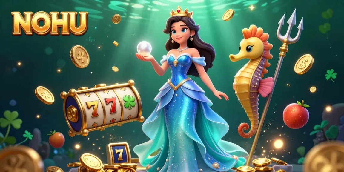 Experience the allure of NOHU slots as vibrant characters, jackpots, and treasures fill the scene, inviting players to engage.