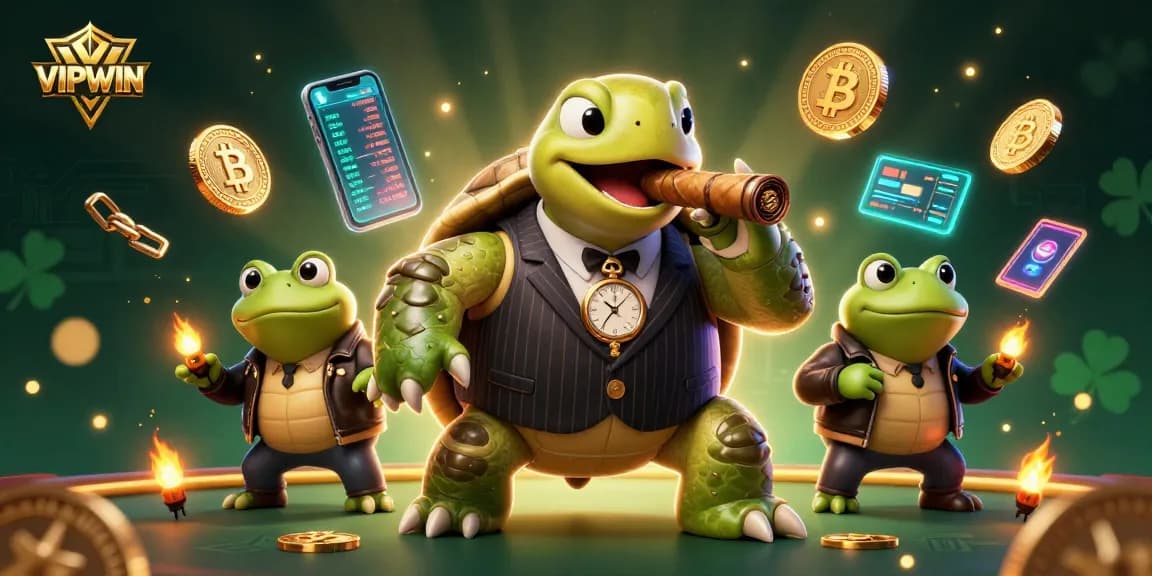 Engage with VIPWIN's vibrant casino world featuring a stylish turtle and bullfrog enforcers.