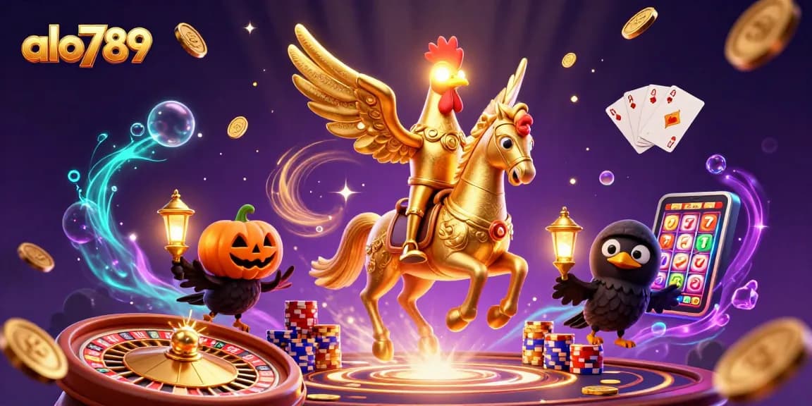 Experience the thrill of alo789 casino with a golden rooster headless horseman amidst sparkling gaming elements.