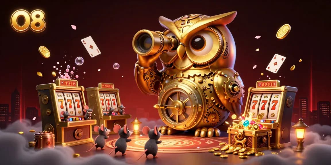 Engage with O8’s vibrant casino scene featuring a golden owl and animated mice among lively slot machines.
