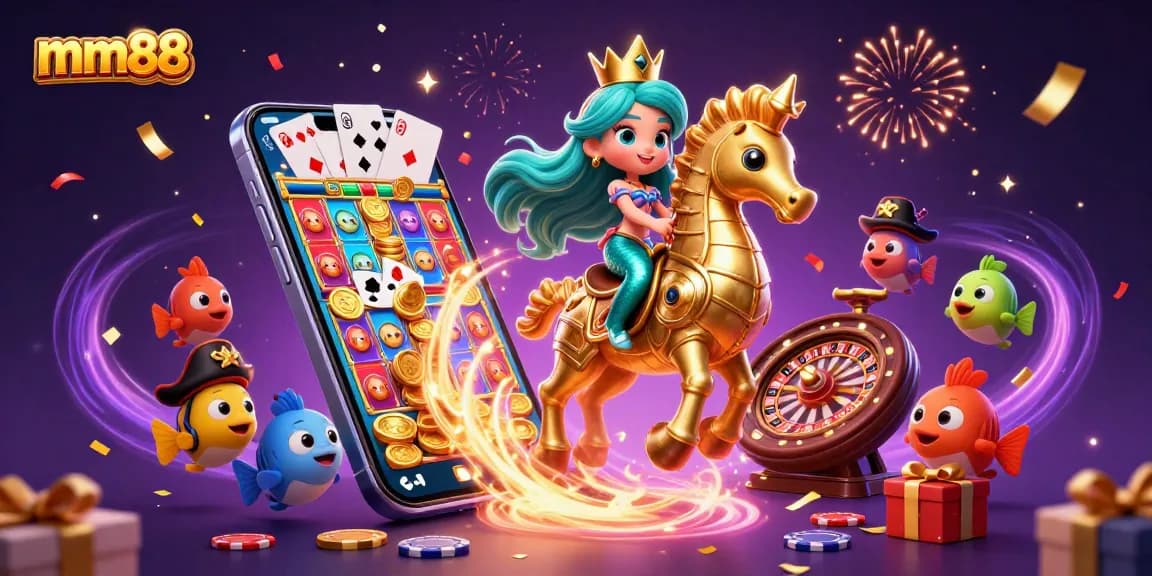Experience the thrill of mm88 with a vibrant 3D casino scene featuring a mermaid, seahorse, and gaming elements.