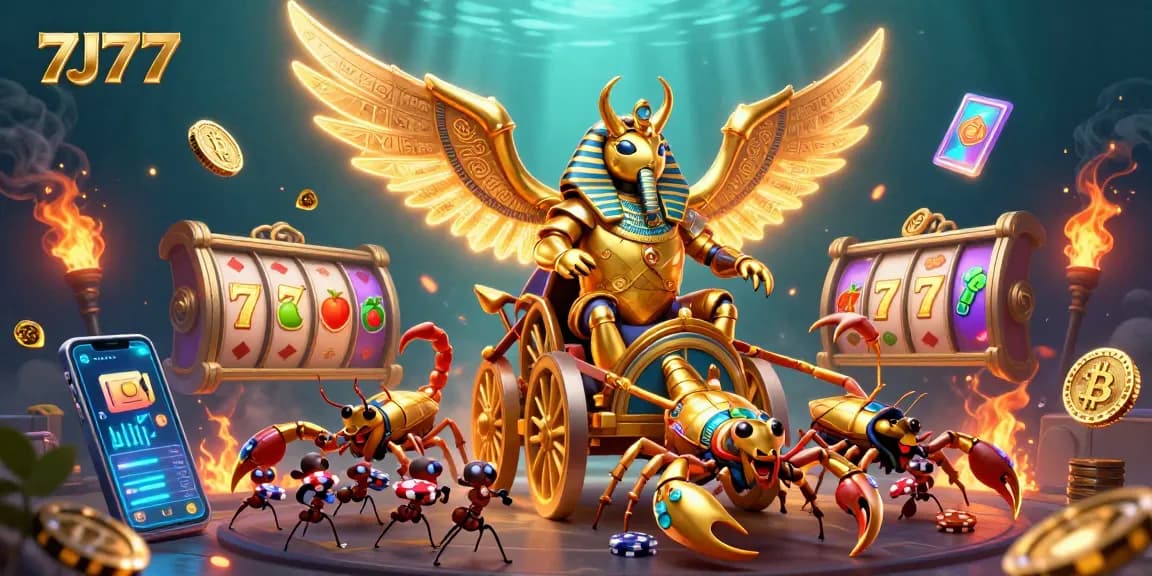 Experience the thrill of wins with 7J777's vibrant 3D casino scene featuring golden scarabs and crypto elements.