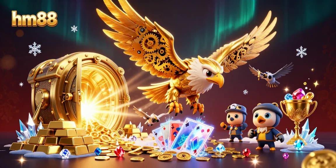 Experience thrilling gameplay with hm88 as the golden eagle dives through holographic cards.