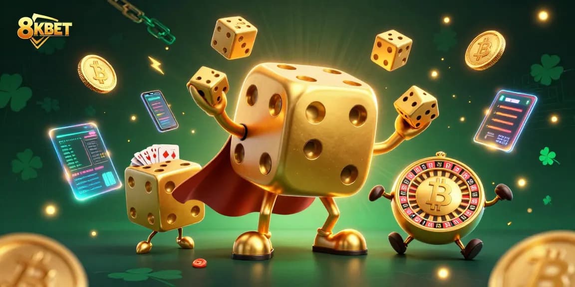 Enhance your gaming experience at 8KBET with vibrant casino magic illustrated by golden dice, coins, and cards.