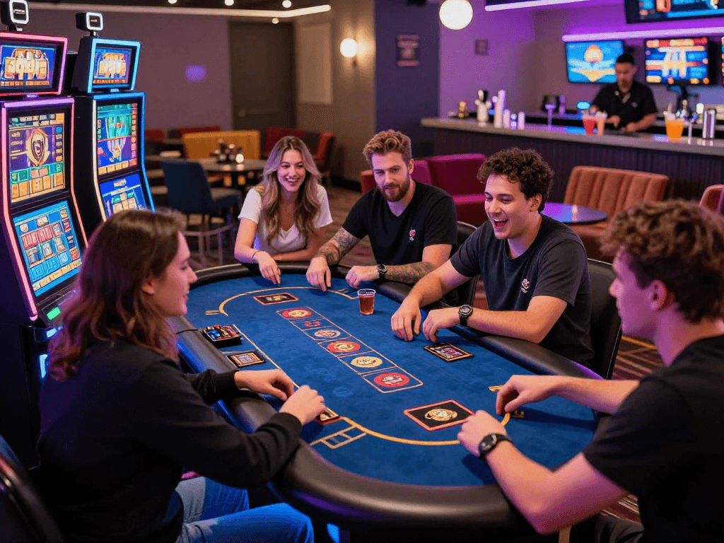 Exciting crypto casino scene with diverse players enjoying games and vibrant neon lighting.