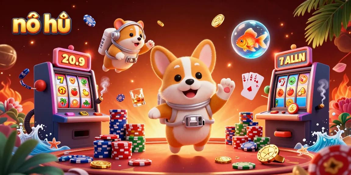 Experience the excitement of nổ hũ with a 3D illustration of a playful astronaut corgi in a casino.