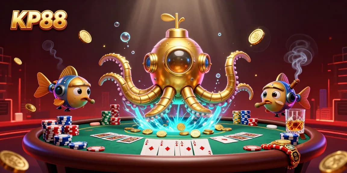 Engage in winning strategies with KP88 in a vibrant 3D casino scene featuring golden kraken submarine.