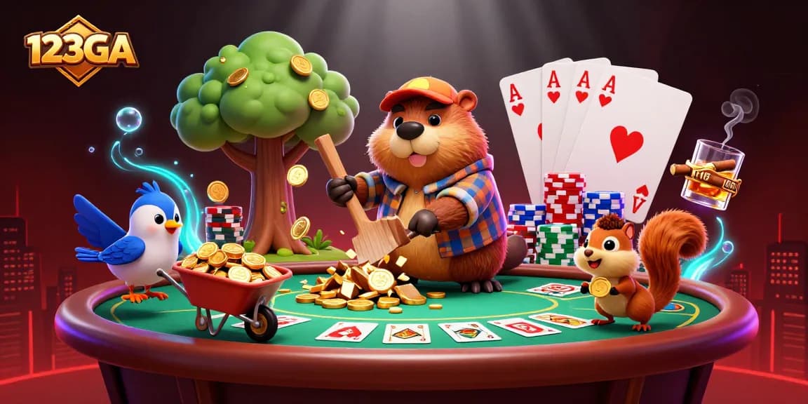 123GA showcases a lively 3D casino scene with a beaver, bird, and squirrel among vibrant game elements.