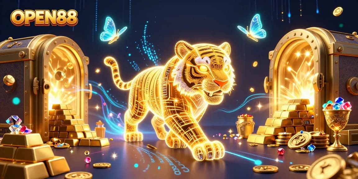 Experience the thrill of OPEN88 with a vibrant digital casino scene featuring a golden tiger and dazzling treasures.