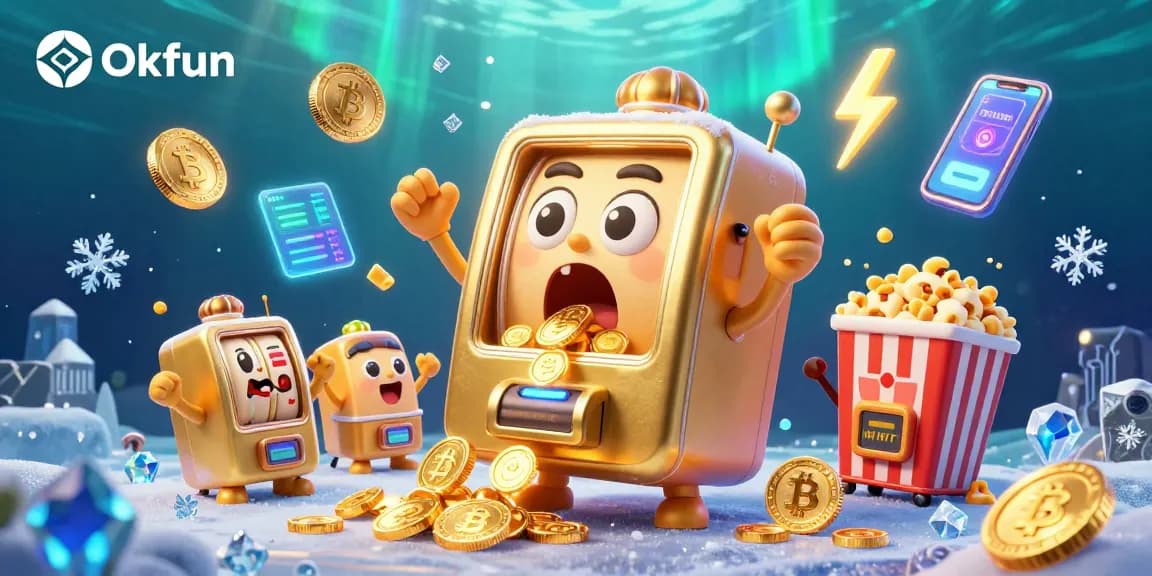 Okfun slot machine hitting a jackpot, surrounded by coins and cheering machines in a vibrant casino scene.