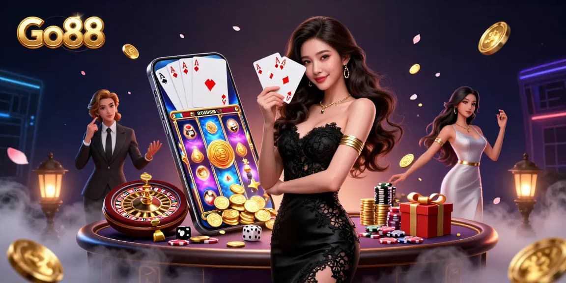 Experience high-stakes gaming with Go88 at an elegant casino scene featuring rich details.
