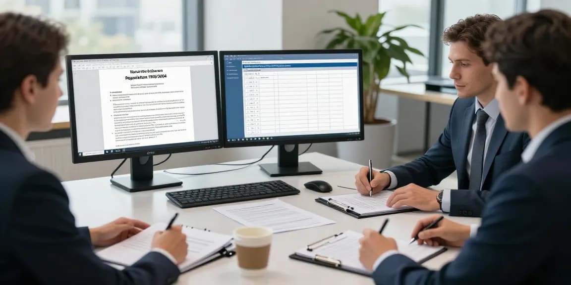 Professionisti legali che analizzano il Regolamento UE 1935/2004 in un ufficio moderno.