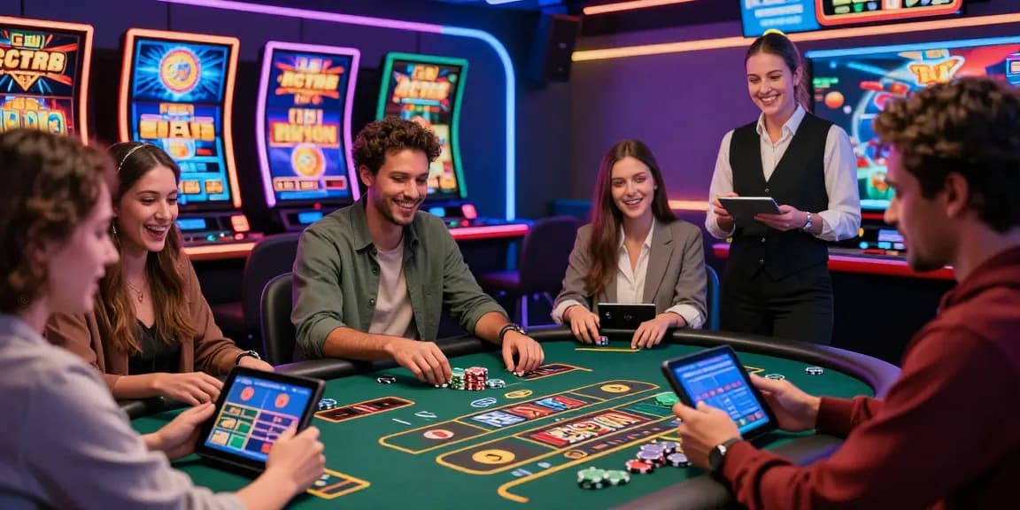 I giocatori che si divertono nei migliori casino online durante una partita con croupier dal vivo, mostrando entusiasmo e tecnologia di gioco moderna.
