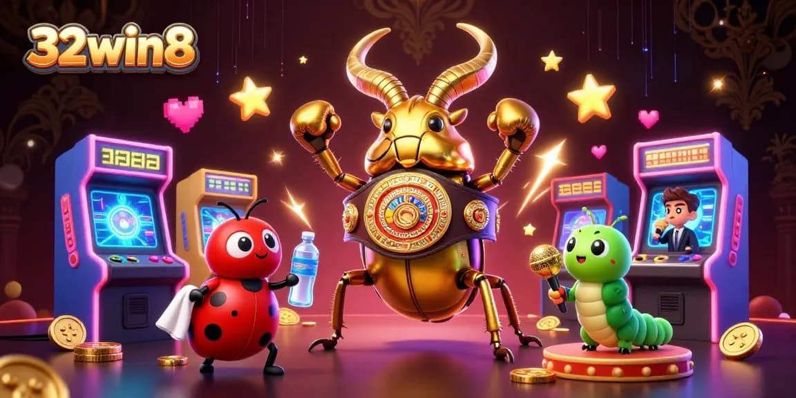 Engage with 32win8 in a vibrant gaming scene featuring unique characters and dynamic casino elements.