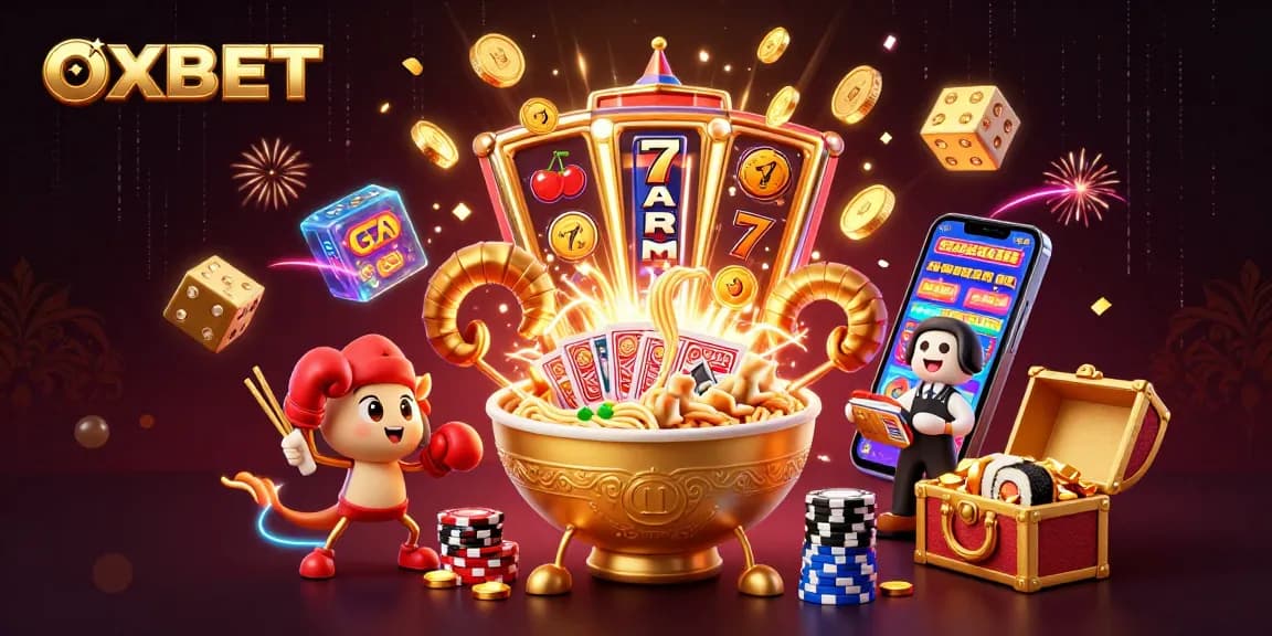 Engage with OXBET’s vibrant 3D illustration showcasing thrilling casino action and playful characters.