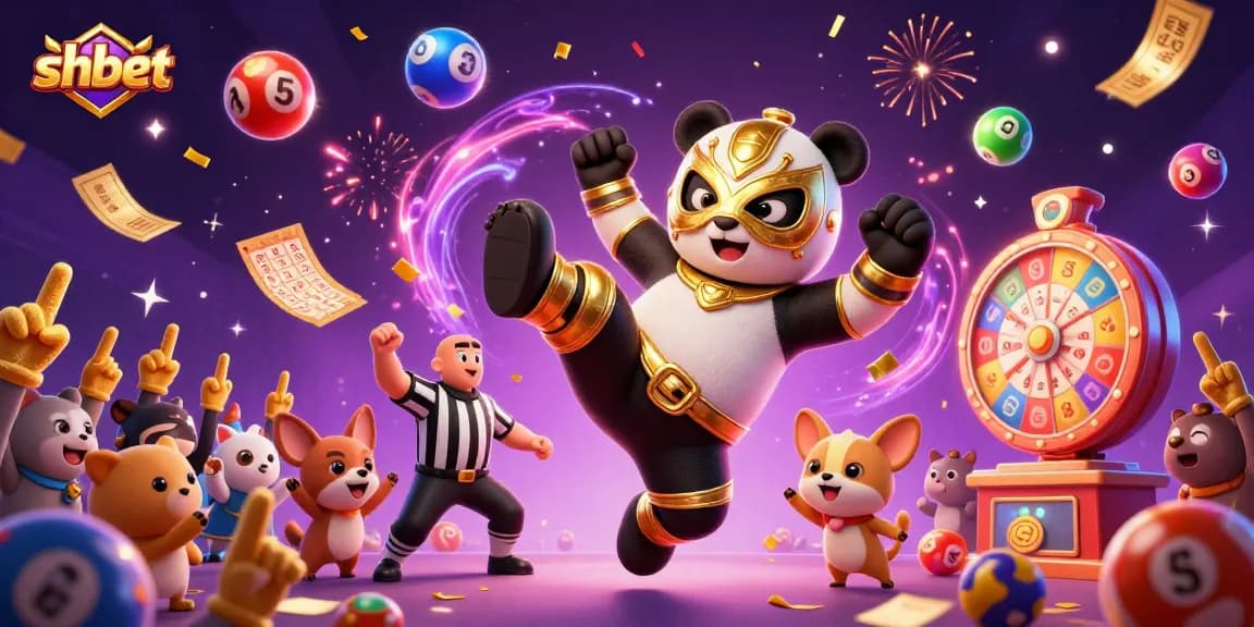 Experience shbet's vibrant energy with a panda wrestler flying in a dynamic casino scene.