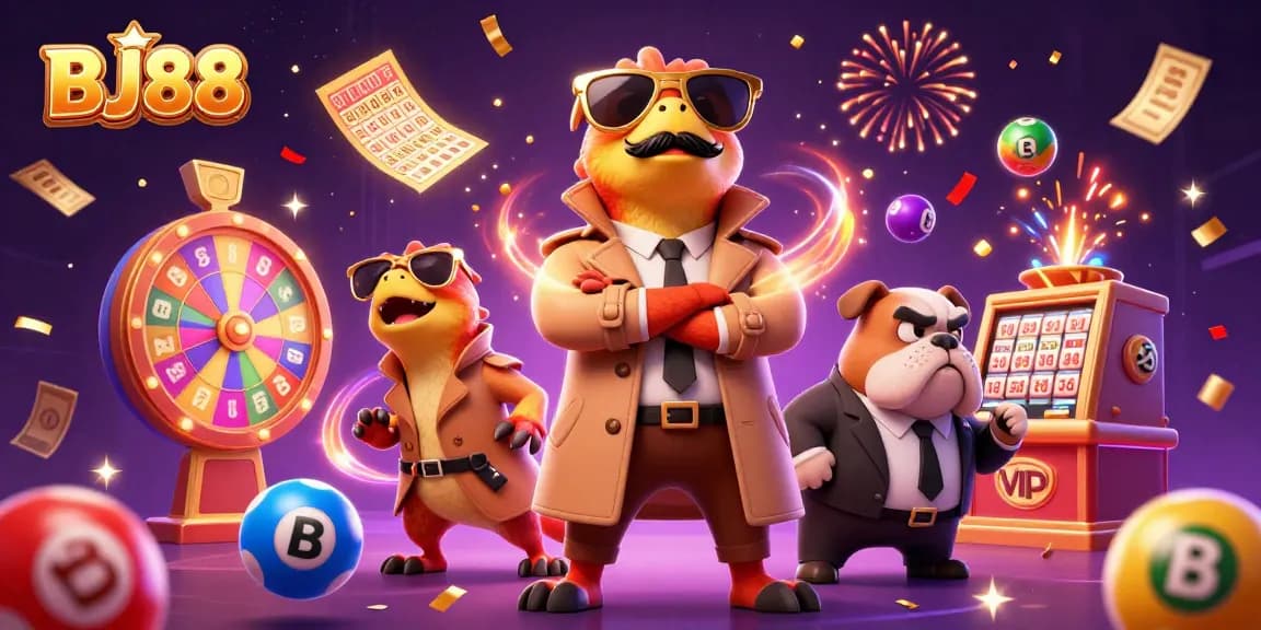 Experience unbeatable thrills at BJ88 with colorful lottery elements and the comedic raptors' antics in a VIP casino setting.