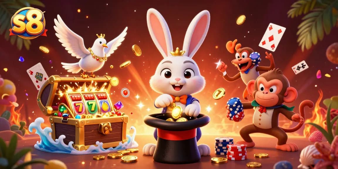 S8 casino adventure with a magician rabbit, dove, and monkey promoting fun games and jackpots.