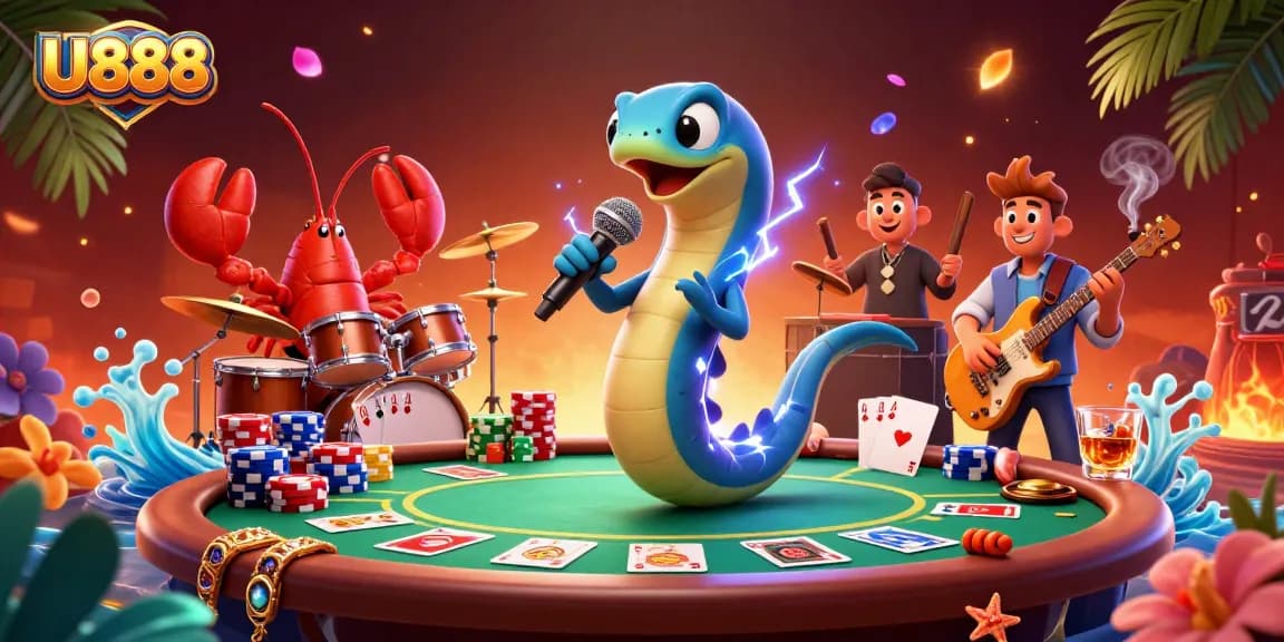 U888 showcases an underwater casino scene with vibrant characters and dynamic poker elements.