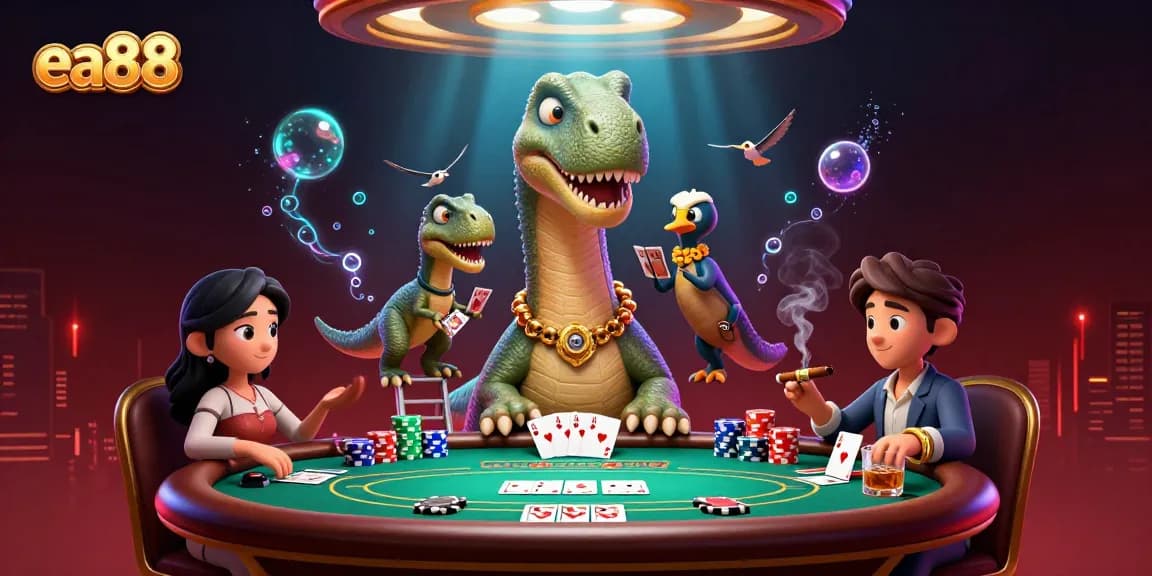 Experience the excitement of ea88 at the casino with a giant dinosaur and clever raptor card dealer.