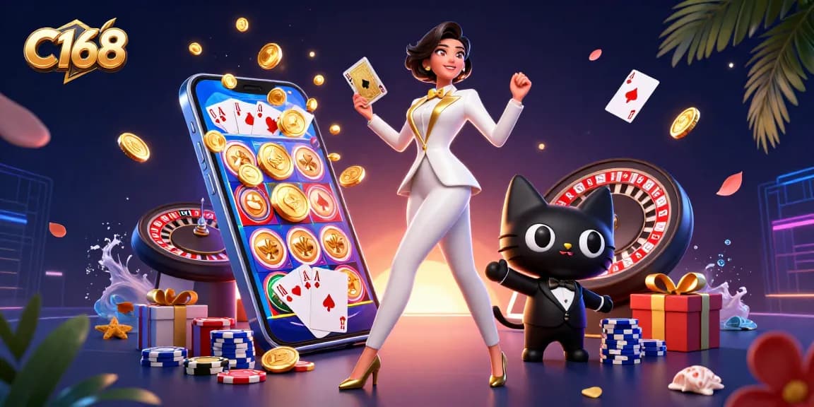 C168 offers a glamorous casino experience with a woman in a tuxedo shuffling cards among lively game elements.