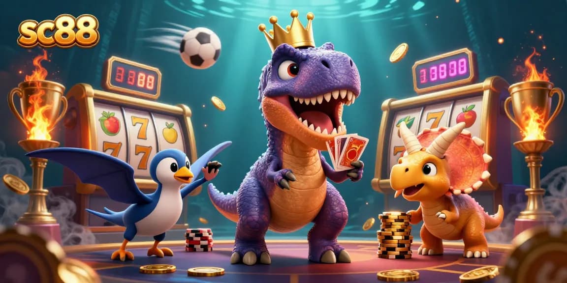 Join the fun at sc88 as a T-Rex shuffles cards and wins in a vibrant casino atmosphere!