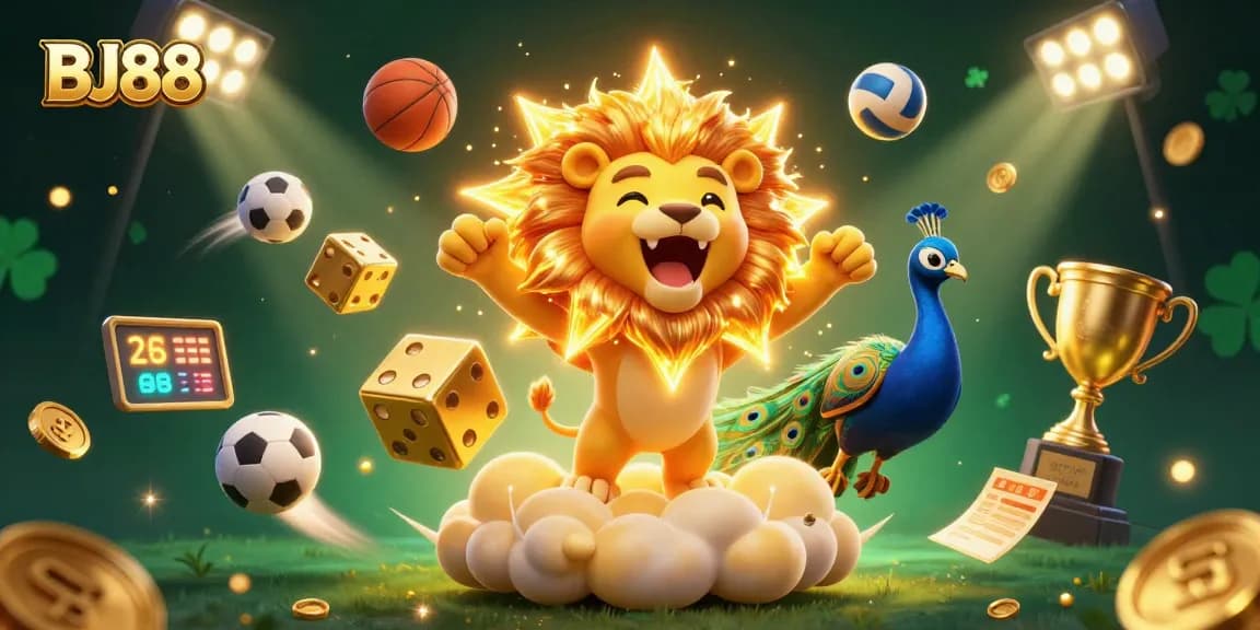 Engaging BJ88 illustration of characters celebrating amid sports betting elements and golden visuals in a lively casino atmosphere.