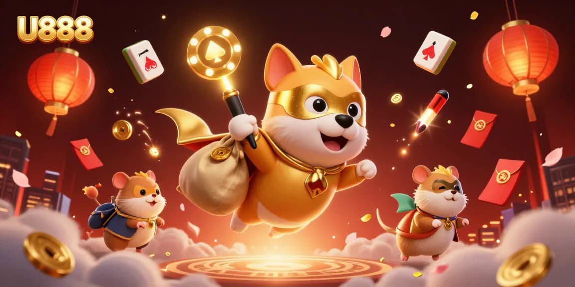 Engage in thrilling adventures with U888, featuring a superhero dog and hamster amidst vibrant casino elements.