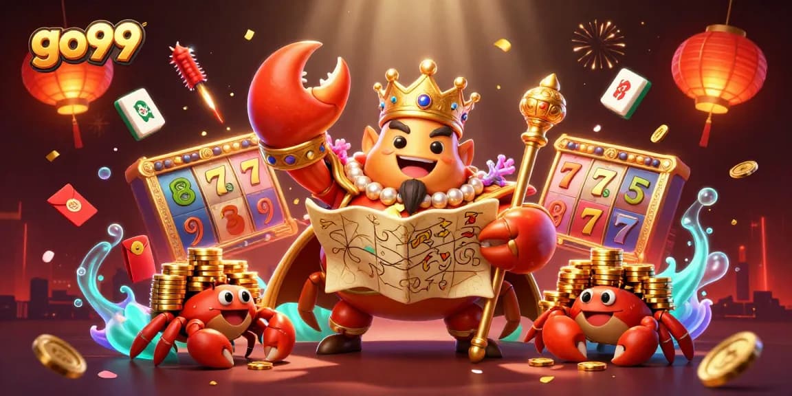 Experience the excitement of go99 casino with a golden crab emperor and vibrant slot elements!