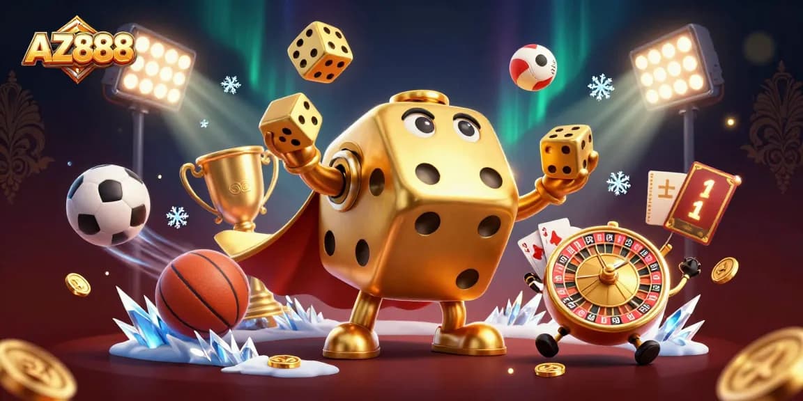 Experience the excitement of AZ888 with vibrant sports-themed gambling action featuring golden dice and dynamic elements.