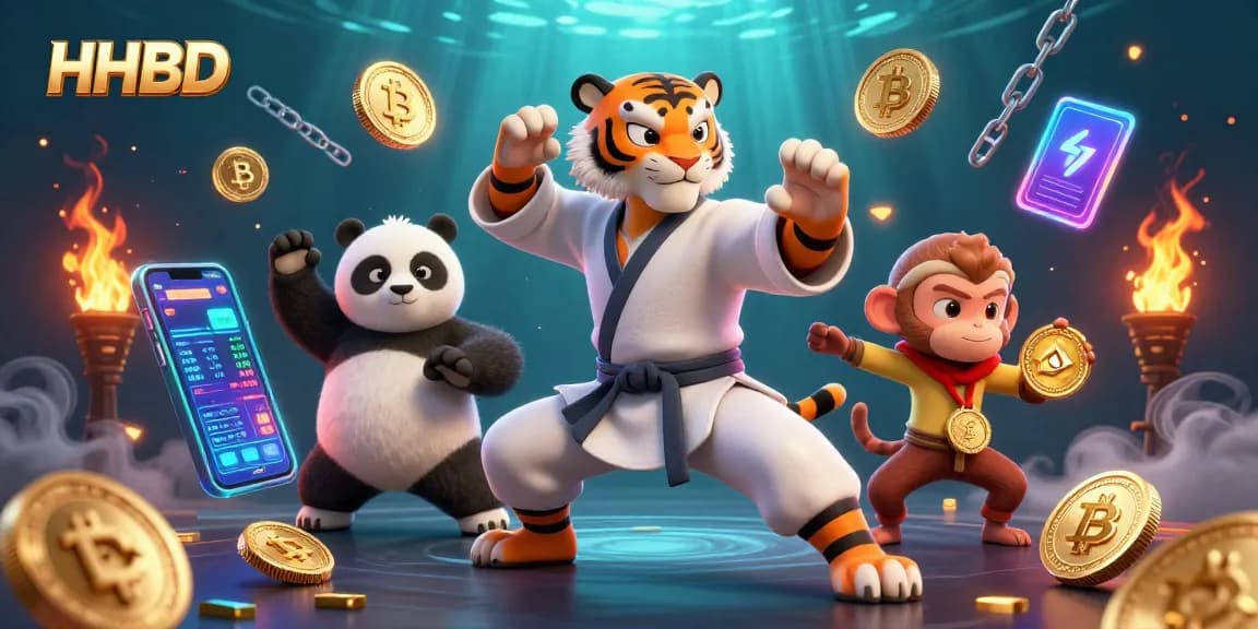 HHBD-themed whimsical 3D casino scene featuring a kung fu tiger and panda in martial poses.