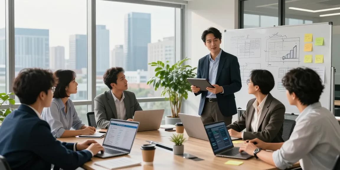 Collaborative conference room scene demonstrating effective AI for business strategies among diverse professionals.