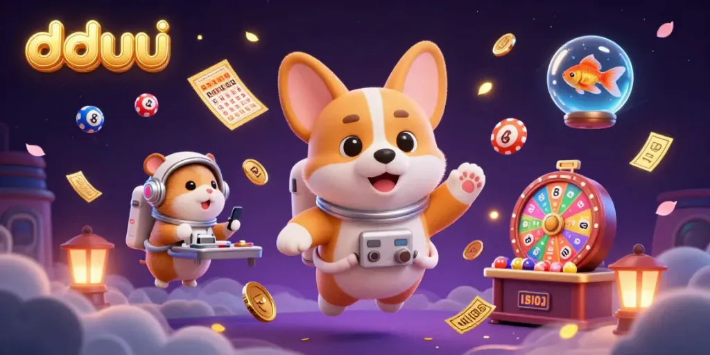Experience dduu's vibrant casino scene with a corgi astronaut, golden coins, and colorful lottery elements.