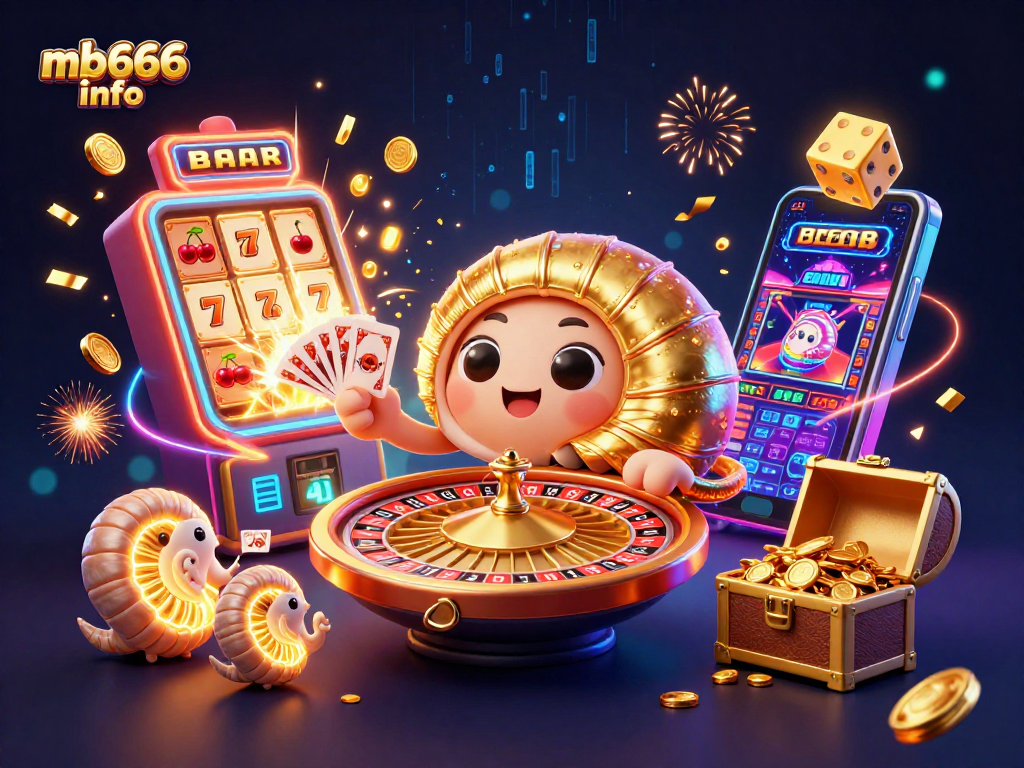 Win big at mb666 info with this vibrant casino-themed illustration featuring games and excitement.