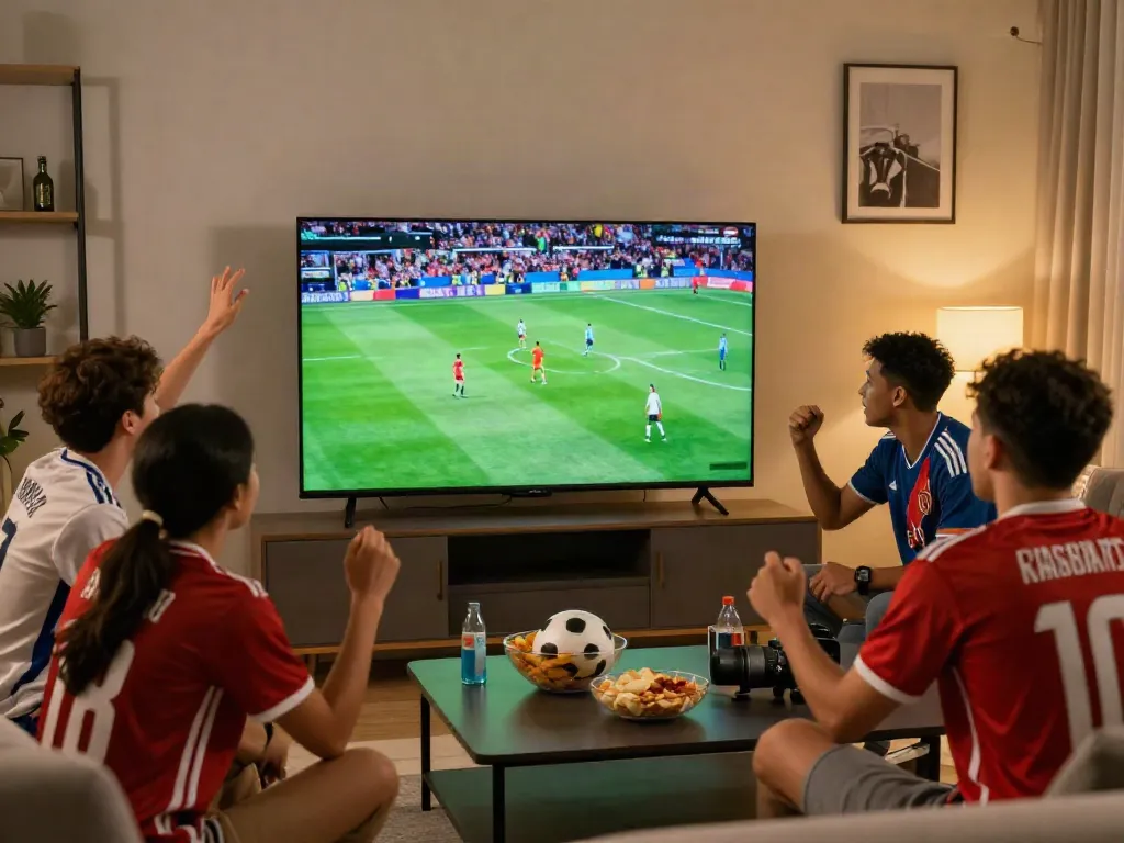 SOCOLIVE live football match viewing party with friends in a cozy living room.
