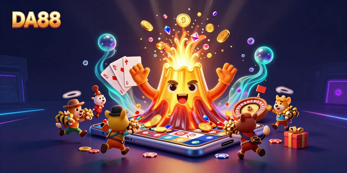 Experience DA88's thrilling gaming world with a golden volcano erupting treasure during exciting action.
