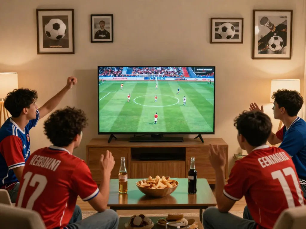 Friends enjoying an exciting football match on GavangTV, showcasing their team spirit and camaraderie.