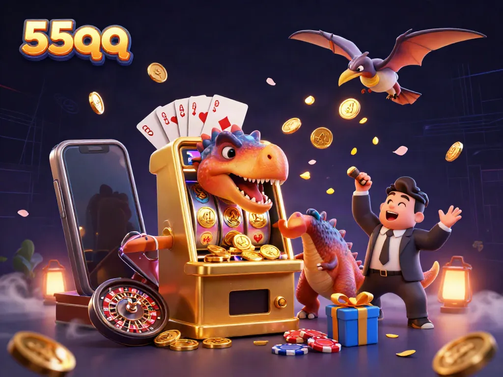 Experience thrilling jackpots with 55qq in this vibrant casino-themed illustration.