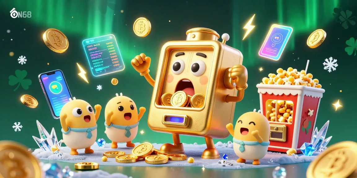 Hit jackpots at ON68 with a fun 3D slot machine and cheering characters in a lively casino scene.