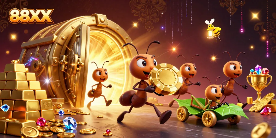 Ants carrying a giant poker chip at 88XX casino, with bright treasure elements and vibrant energy.