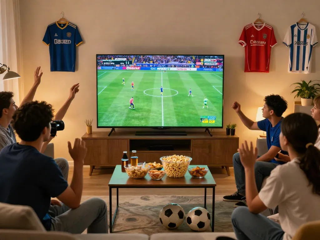 Fans enjoying a live soccer match on Cakhiatv in a cozy living room.
