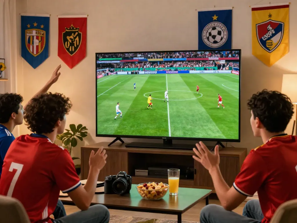CakhiaTV fan enjoying a live football match with friends in a vibrant sports party atmosphere