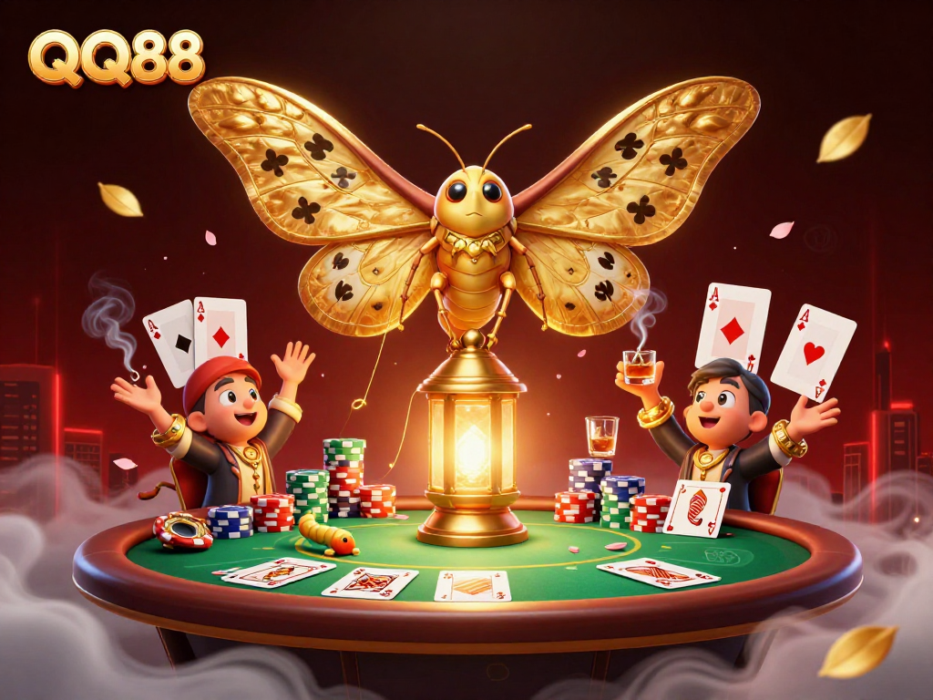 Experience thrilling gaming vibes with QQ88 in this vibrant 3D casino scene showcasing cards and chips.