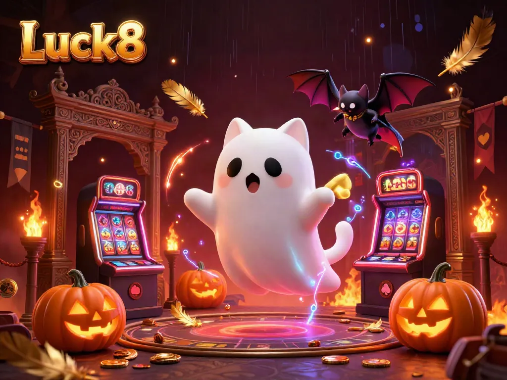 Experience thrilling gaming action with Luck8 in a haunted casino illustration featuring playful characters.