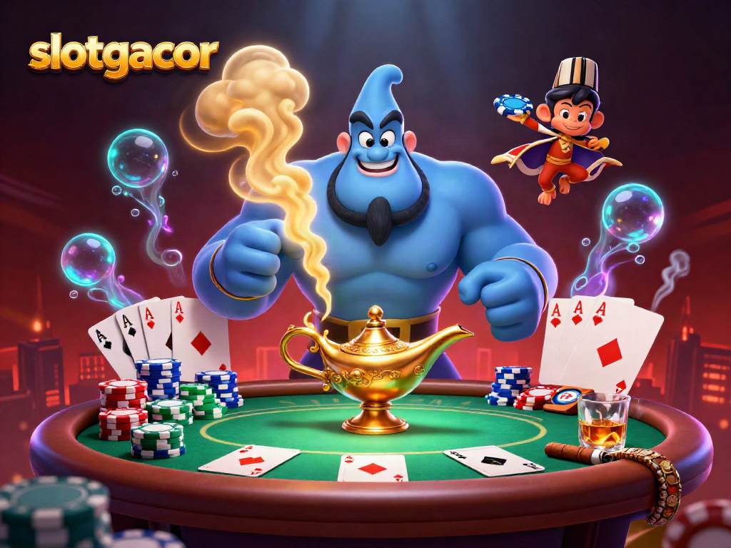 Experience the thrill of slotgacor with a dynamic scene featuring a muscular genie and poker elements.