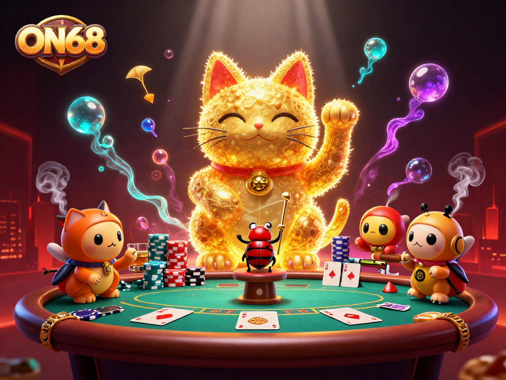 Experience the thrill of ON68 with a vibrant 3D illustration showcasing a golden lucky cat and dynamic casino elements.