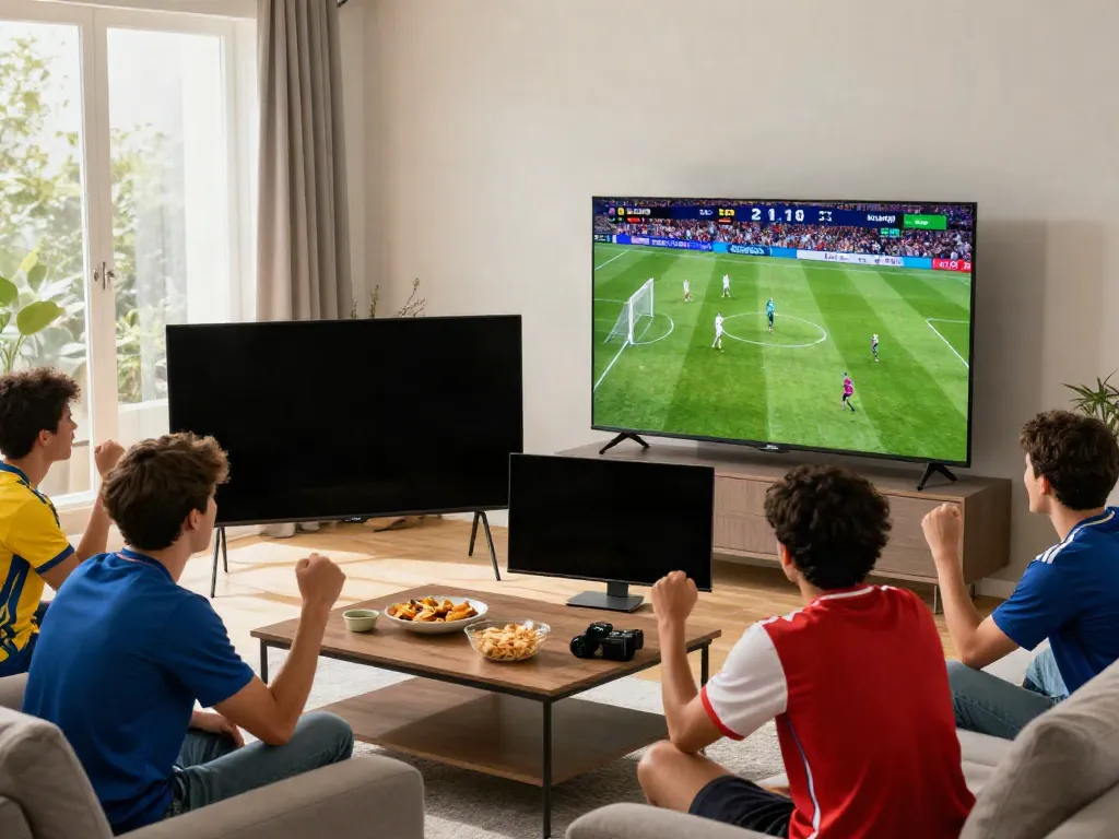 Fans celebrating while watching thapcamtv live soccer match in high definition.
