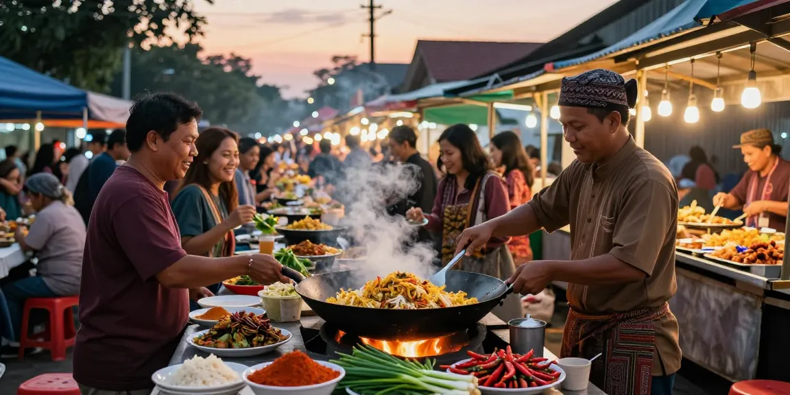 Warung225: Penjual nasi goreng di pasar malam Indonesia dengan suasana meriah.