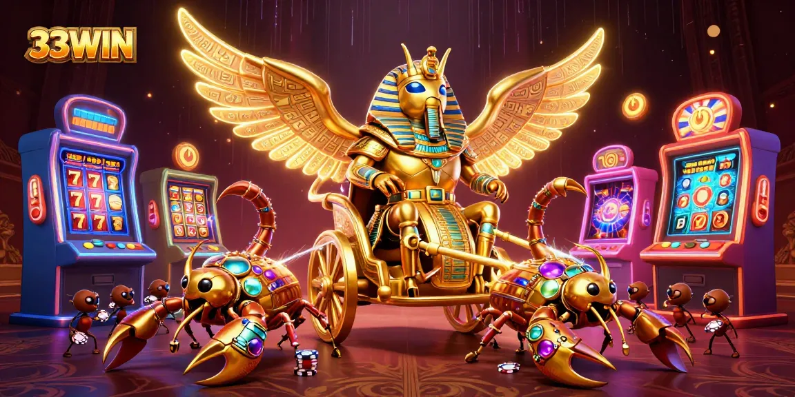 Engage with 33WIN's thrilling slots experience featuring golden scarab characters.