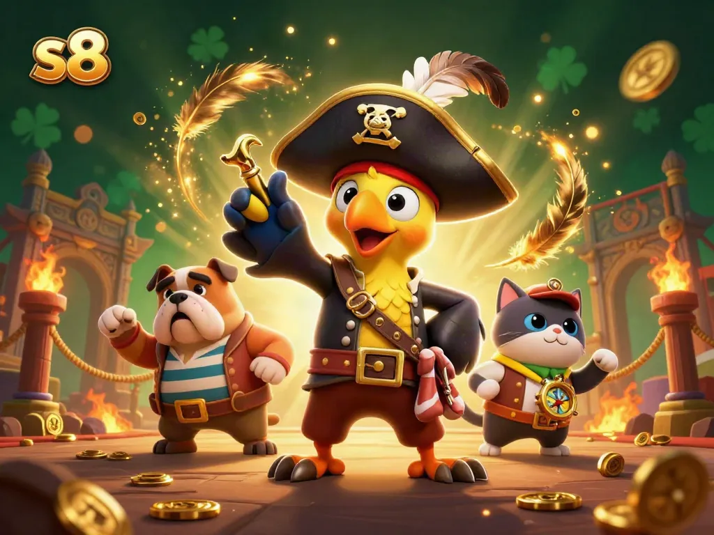 S8 slots adventure with a pirate captain and friends navigating a treasure-filled gambling arena.